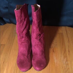 Rich Red Suede 1 inch Heeled Boots. Shaft 11 inches, circumference 16 1/2.